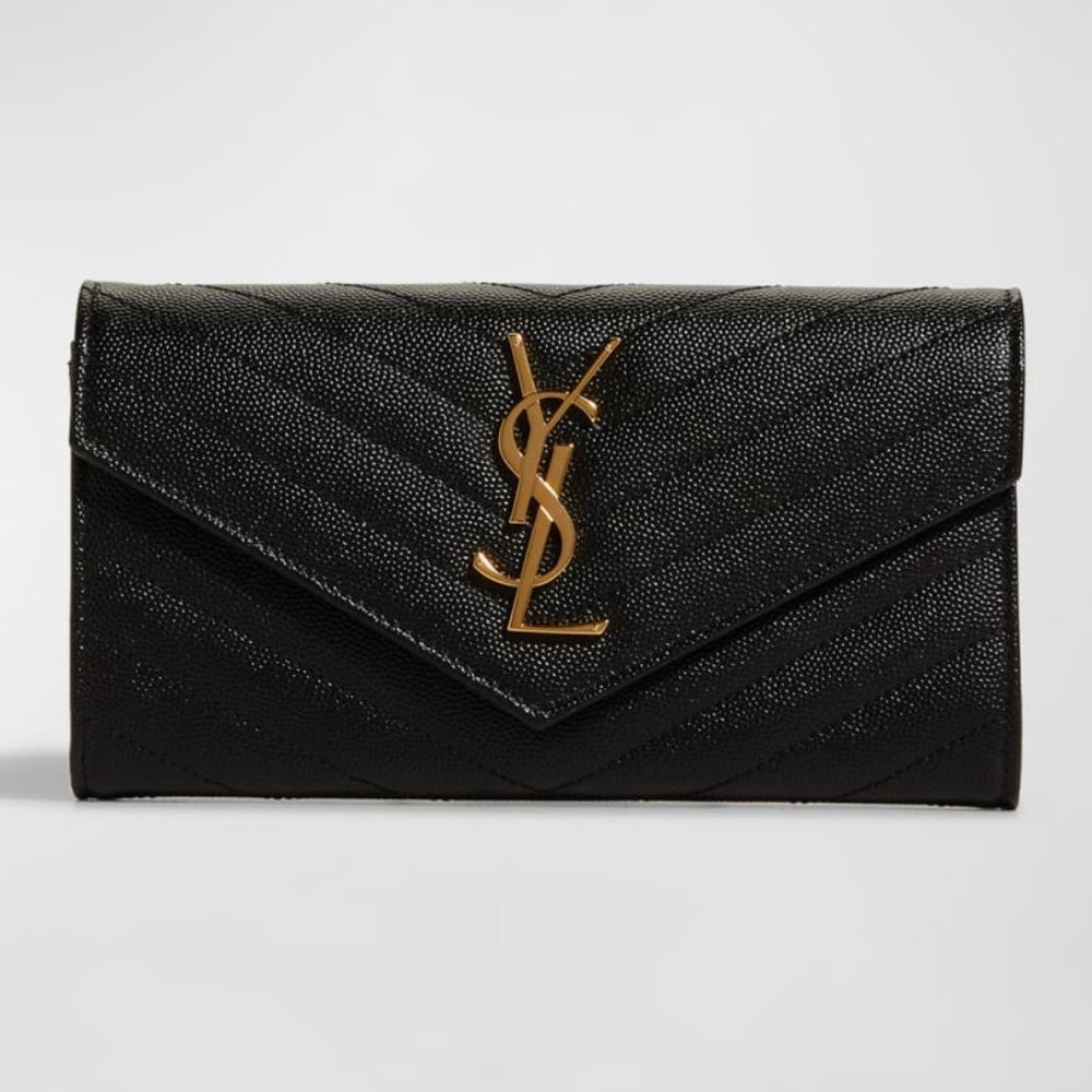 Brand New YSL Monogram Large Flap Wallet in Grained Leather - Black